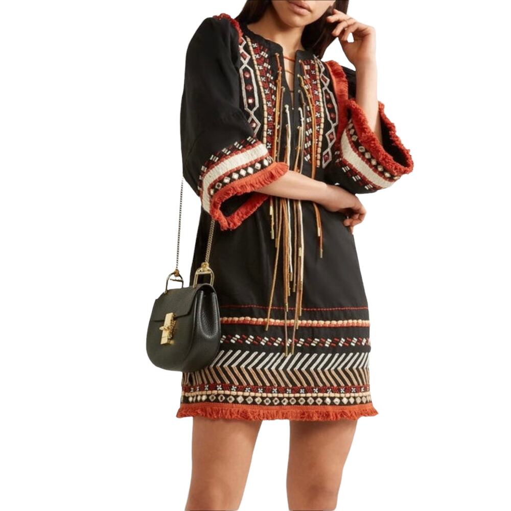 NWT Rachel Zoe Boho Embroidered Bianca Dress in Black Size 2